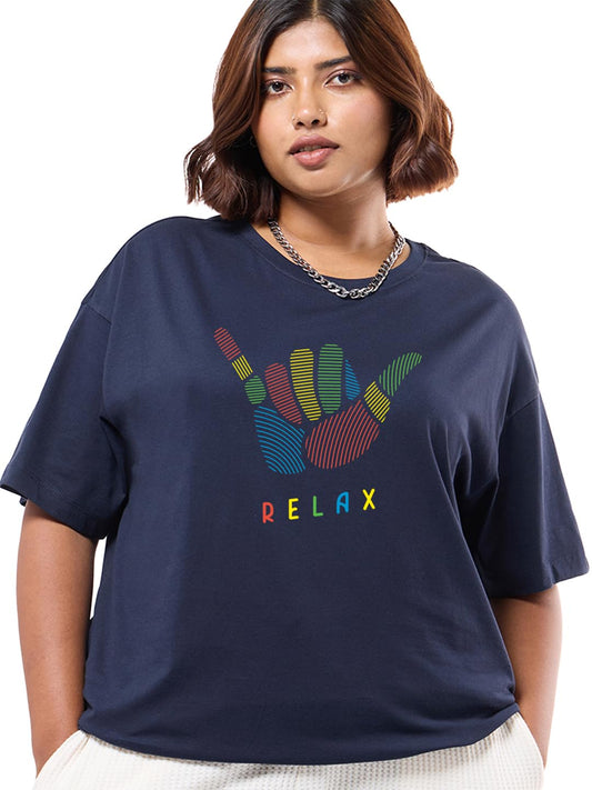 Bewakoof Womens Graphic Print Oversized Fit Half Sleeve Round Neck Pure Cotton Plus T-Shirt_694277_Blue_5XL