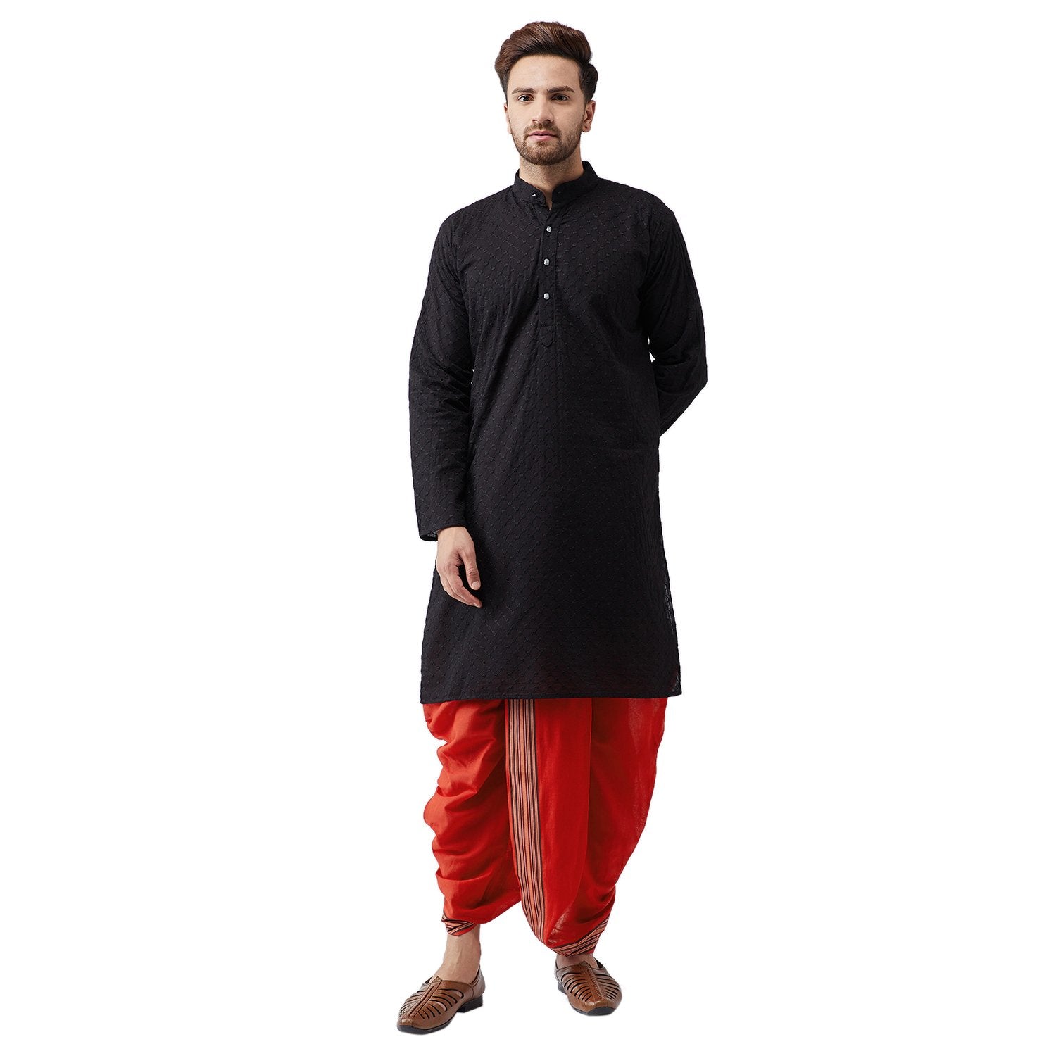 SOJANYA (Since 1958, Men's Black & Red Pure Cotton Kurta Dhoti Set, Size: M