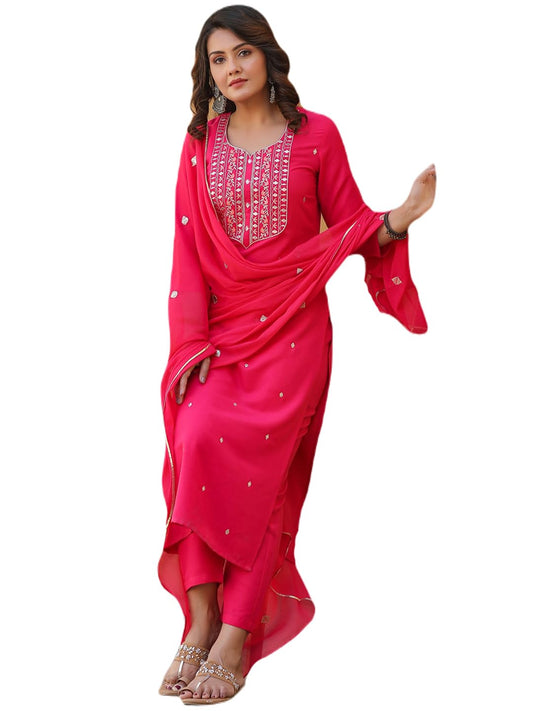Gosriki WomenS Rayon Blend Embroidered Straight Kurta With Pant & Dupatta (Kasturi Pink-Gs_Xl_Pink_X-Large)