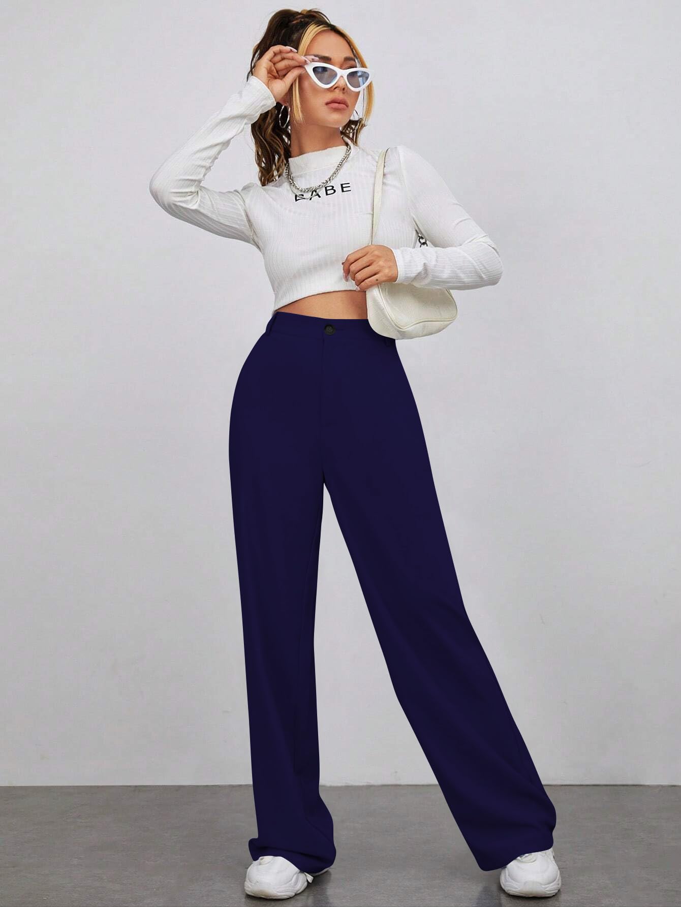 Toochki Trousers for Women | Womens High-Waisted Pant | Trouser | Korean Style | Navy Blue | Bottom Wear