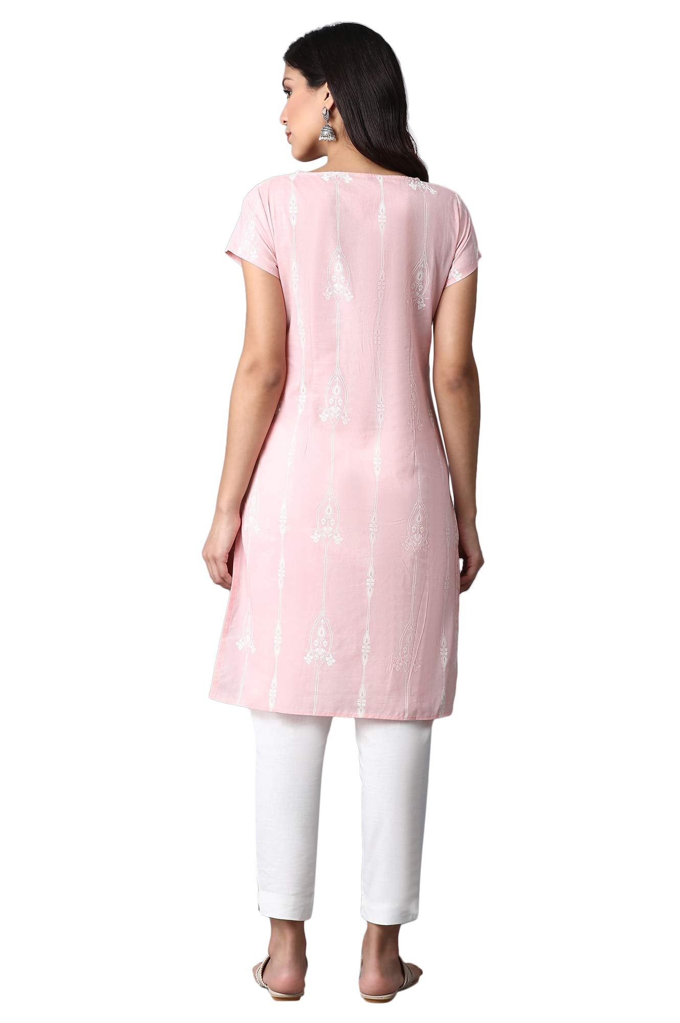 W Light Pink Floral Printed Regular Cotton Kurta For Women