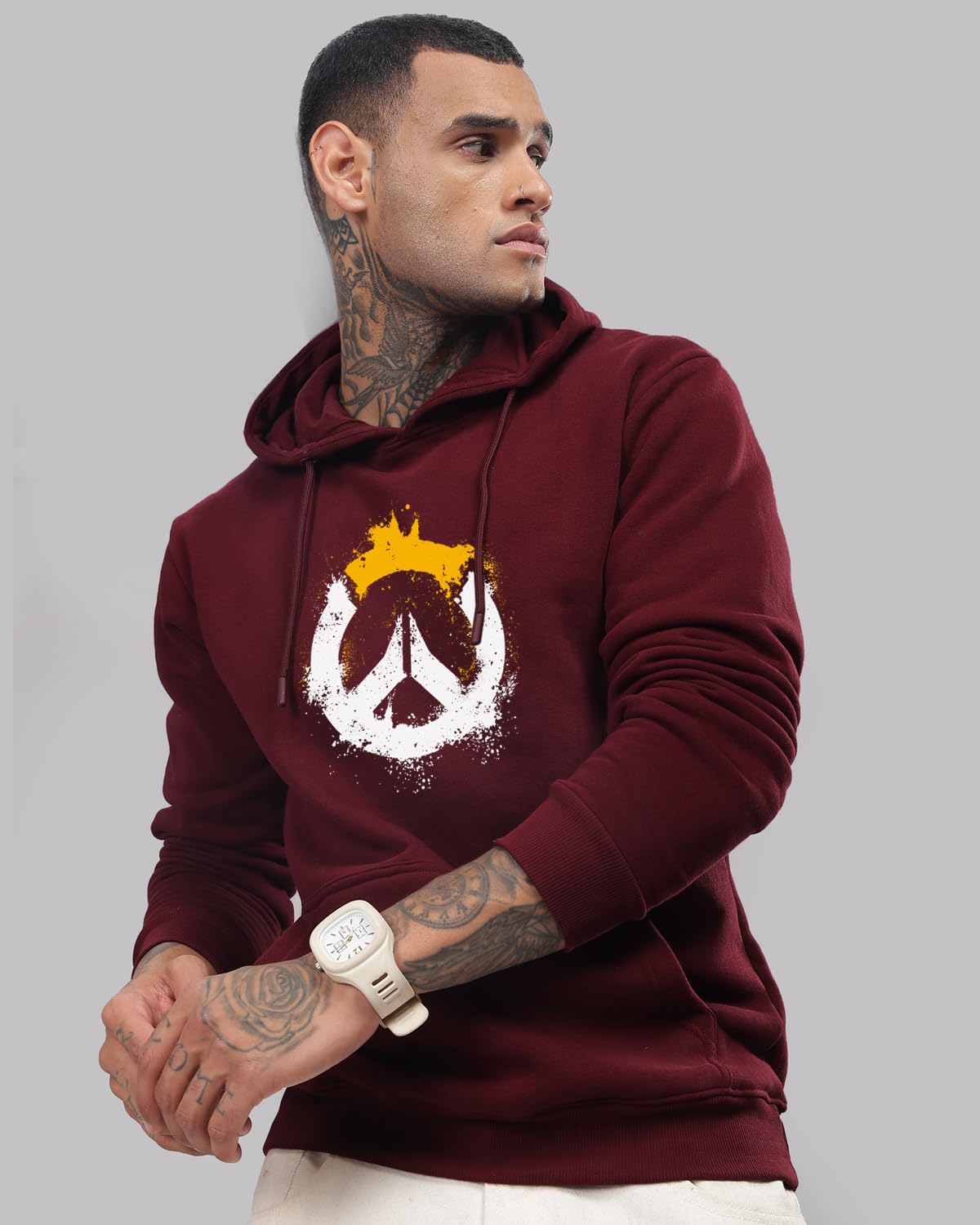 ADRO Men's Cotton Neck Hooded Sweatshirt (H-M-PC-MR_Maroon)