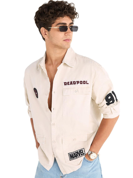 Bewakoof Official Marvel Merchandise Deadpool Men Printed Oversized Fit Full Sleeve Collar Cotton Shirt_657373_Beige_S
