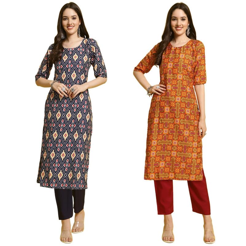 Pinkmint Elegant Printed Crepe Kurta And Pant Set For WomenS Ll Fashionable Kurti Combo Set Ll Stright Round Neck Kurti (Pack O