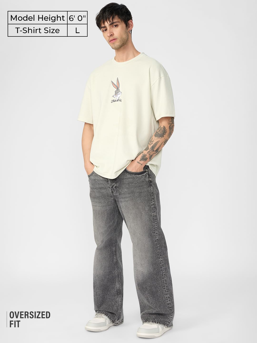 The Souled Store Official Bugs Bunny : Thats All Folks Mens and Boys Oversize Fit Half Sleeves Cotton T-Shirt White