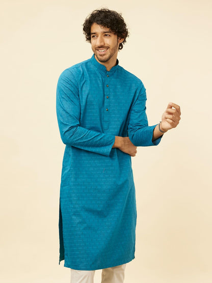 Manyavar Mens Blue Blended Cotton Self Design Kurta Pyjama Set