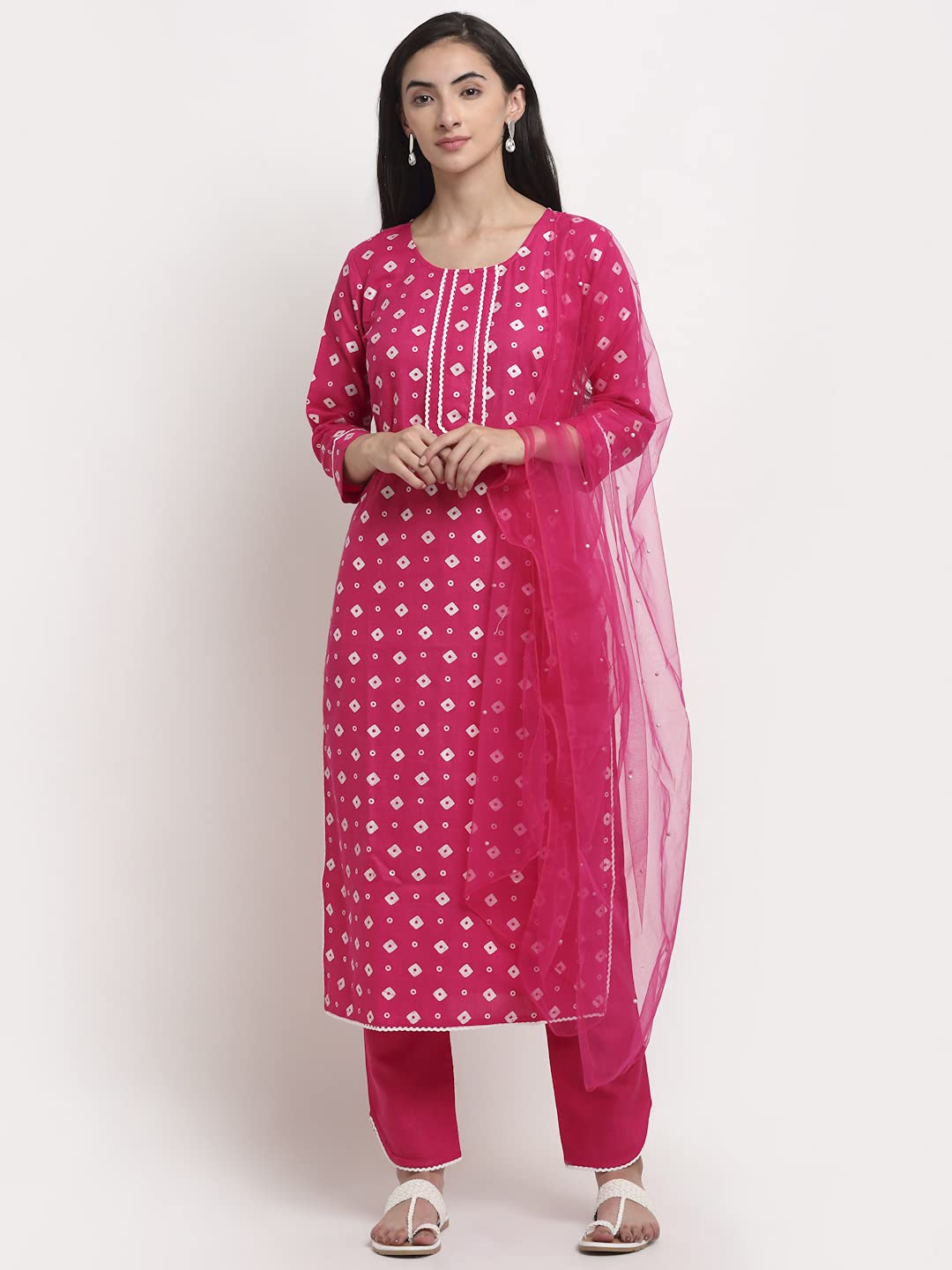 ANNI DESIGNER Women's Cotton Straight Kurta with Pant & Dupatta (SONA Pink)