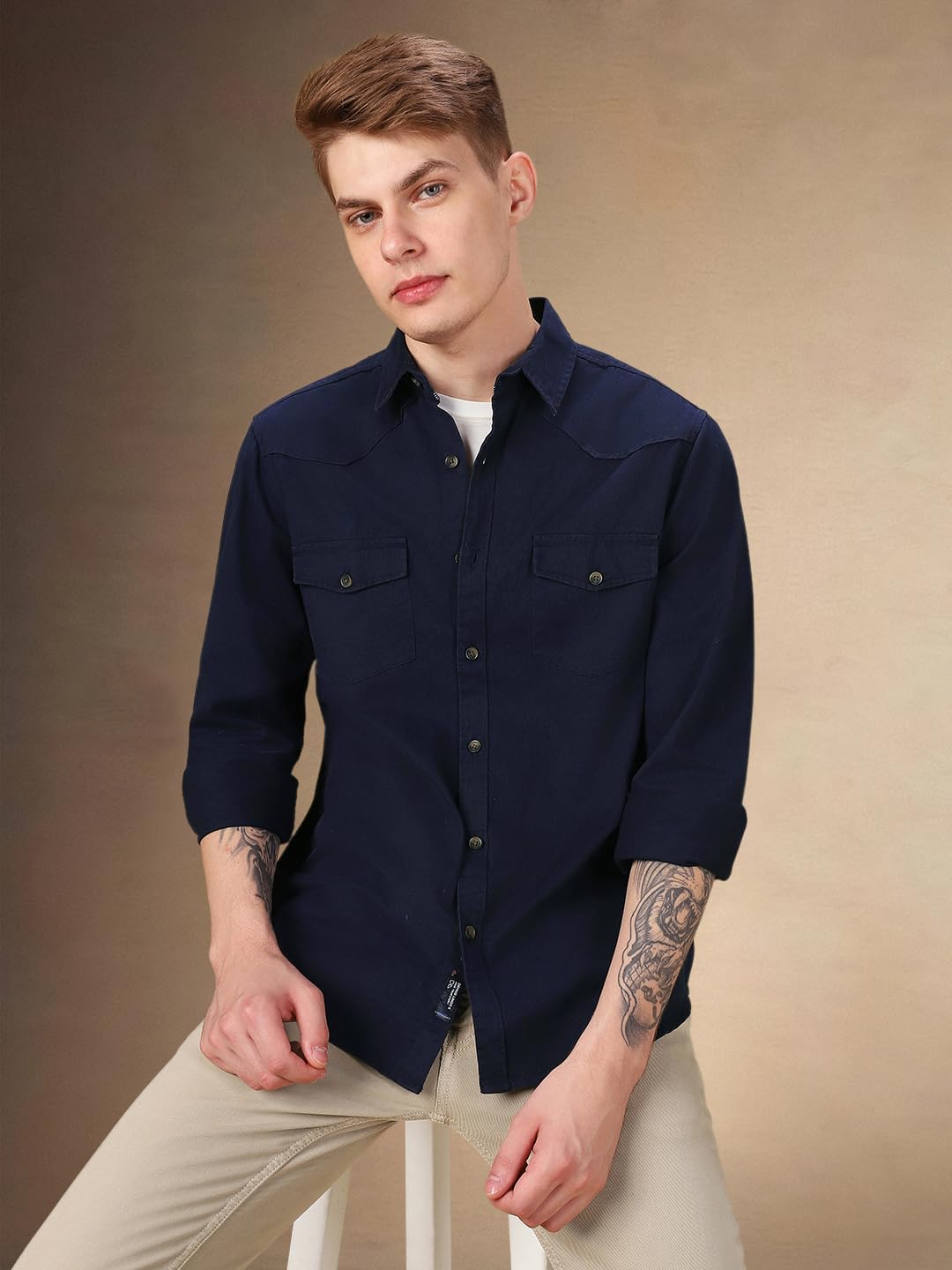 Dennis Lingo Men Solid 100% Cotton Relaxed Fit Full Sleeves Shirts Navy Blue