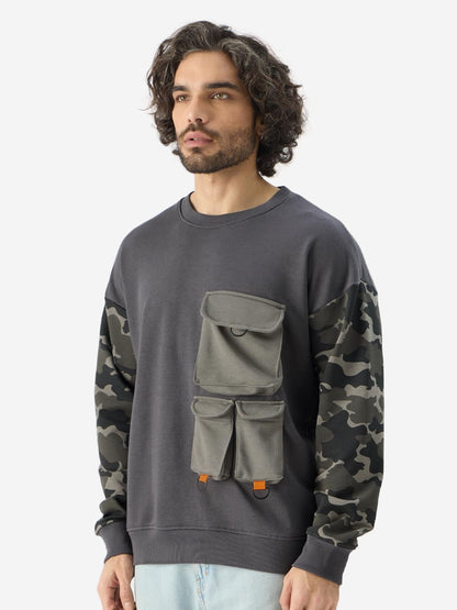 The Souled Store Black Ops Men and Boys Long Sleeve Round Neck Grey Oversized Fit Sweatshirts Oversized Sweatshirts for Men Hood