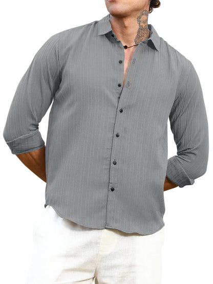 Finivo Fashion MenS Striped Cotton Casual Button Down Shirts Long Sleeve Textured Summer Beach Shirt For Men Grey