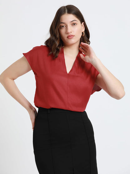 Dennis Lingo Dl Woman Solid Regular Fit V-Neck Short Sleeves Top Red