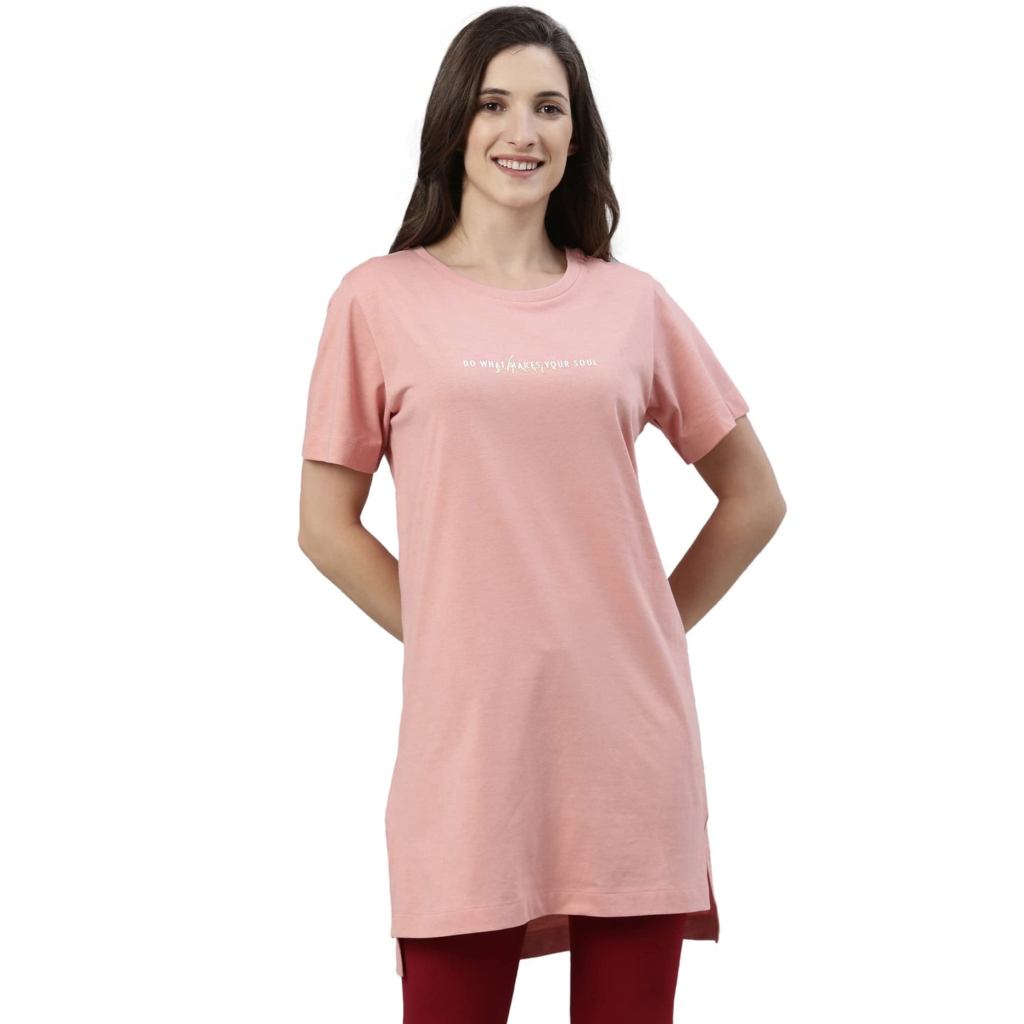 Enamor Essentials Womens Relaxed Fit Short Sleeves Crew Neck Mid-Thigh Length Breathable Pure Cotton Tunic Tee with Side Slit -