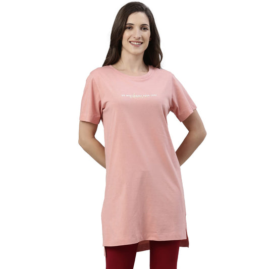 Enamor Essentials Womens Relaxed Fit Short Sleeves Crew Neck Mid-Thigh Length Breathable Pure Cotton Tunic Tee with Side Slit -