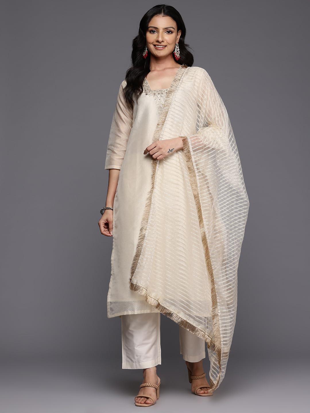 Varanga Women Off White Zari Embroidered And Sequinned Kurta Set With Dupatta