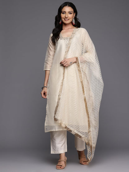 Varanga Women Off White Zari Embroidered And Sequinned Kurta Set With Dupatta
