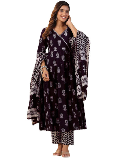 Tee Projekt WomenS Cotton Blend V-Neck Anarkali Kurta Pant With Dupatta Set Ll Floral Kurta Set For Women Purple