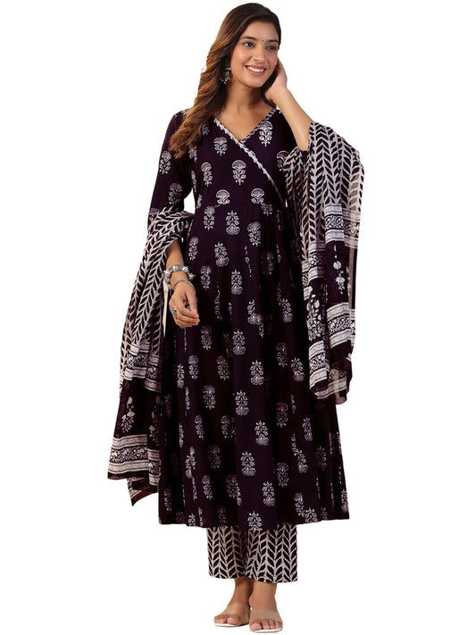 Tee Projekt WomenS Cotton Blend V-Neck Anarkali Kurta Pant With Dupatta Set Ll Floral Kurta Set For Women Purple