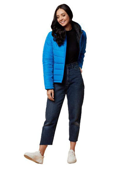 Kotty Blue Solid Nylon Women Winter Padded Jacket (Blue-L)