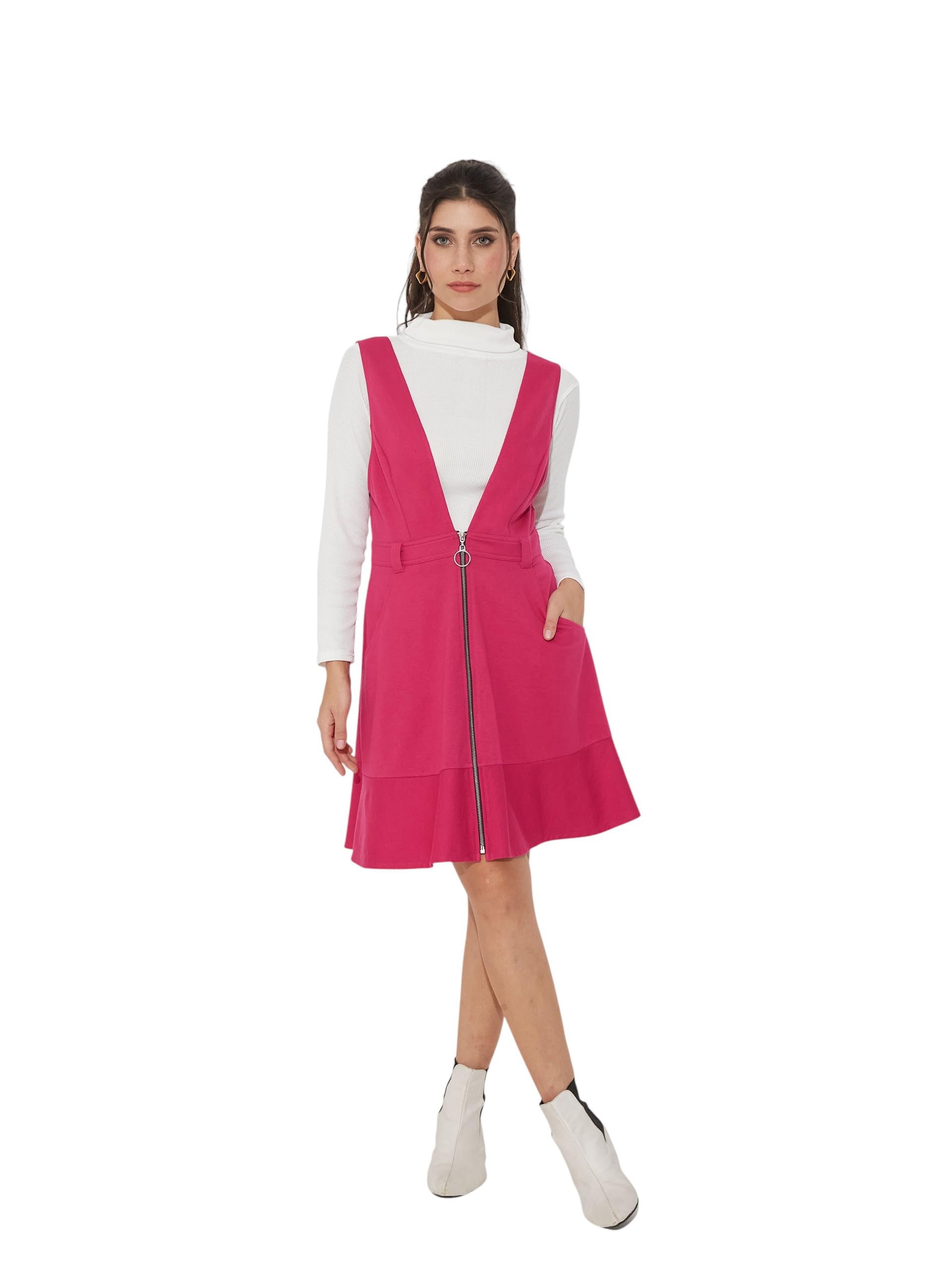 Miss Chase Polyester Pinafore Dress With Zipper Detail And Side Pockets (Mcaw25D16-95-122-06, Pink, Xl)