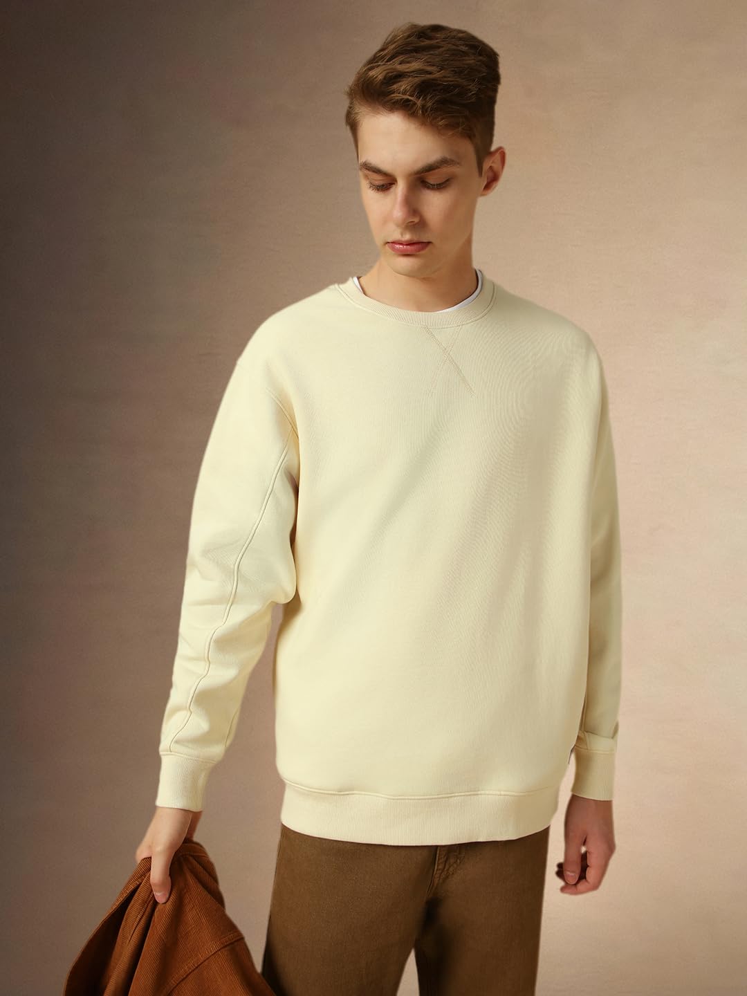 Dennis Lingo Men Off-White Solid Relaxed Fit Full Sleeve Mock Collar Sweatshirt