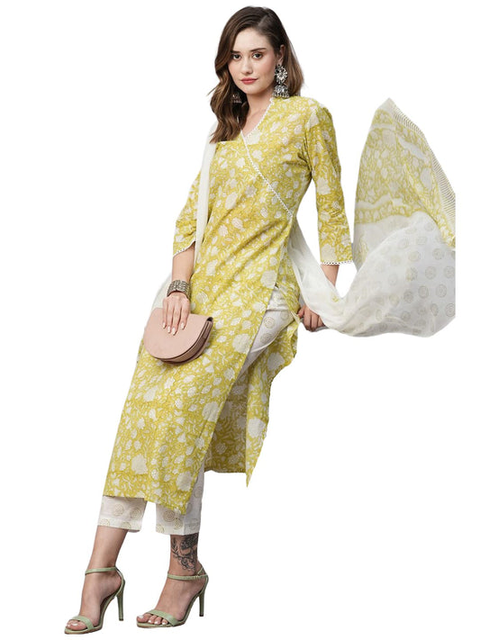GoSriKi Women's Cotton Blend Straight Printed Kurta with Pant & Dupatta (Avni Green-GS)