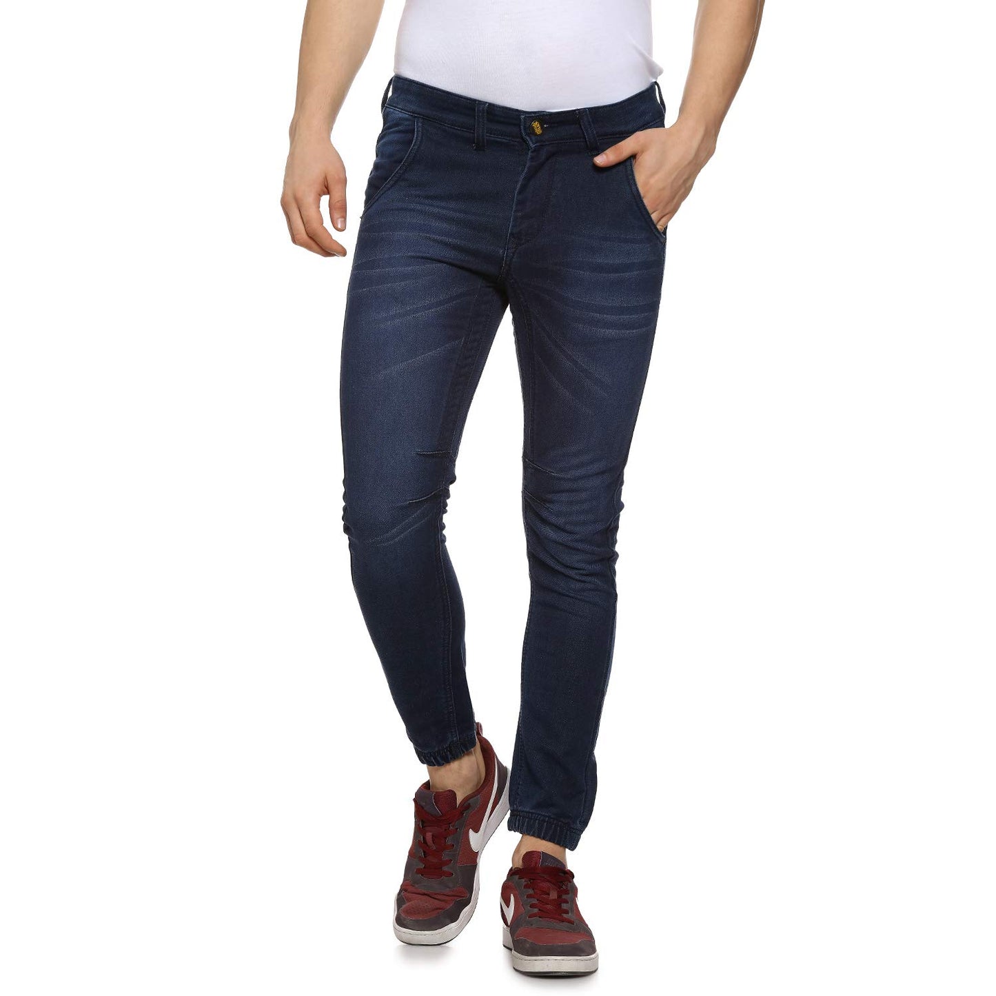 Campus Sutra Mens Classic Blue Dark-Washed Regular Fit Denim Jeans | Elasticated Hem Mid-Rise Stretchable Cotton Denim Jeans Cra