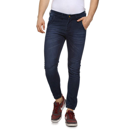 Campus Sutra Mens Classic Blue Dark-Washed Regular Fit Denim Jeans | Elasticated Hem Mid-Rise Stretchable Cotton Denim Jeans Cra