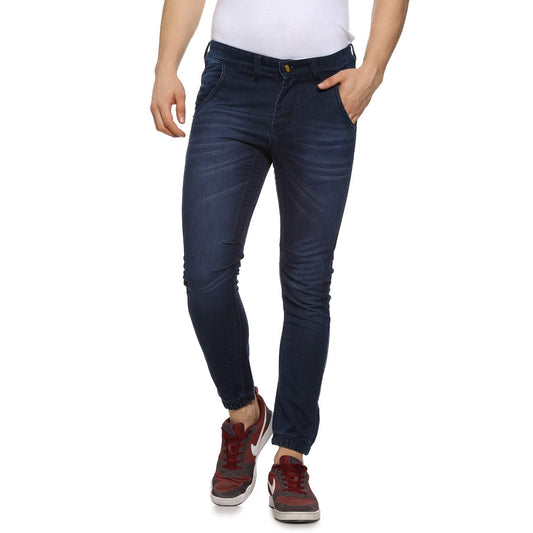 Campus Sutra Mens Classic Blue Dark-Washed Regular Fit Denim Jeans | Elasticated Hem Mid-Rise Stretchable Cotton Denim Jeans Cra