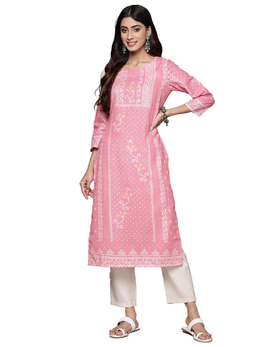 ishin Women's Silk Ethnic Motifs Pink Straight Kurta