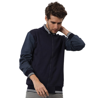 Campus Sutra Mens Dark-Washed Denim Regular Fit Cotton Varsity Jacket For Winter Wear | Low-Cut Standing Collar | Full Sleeve |