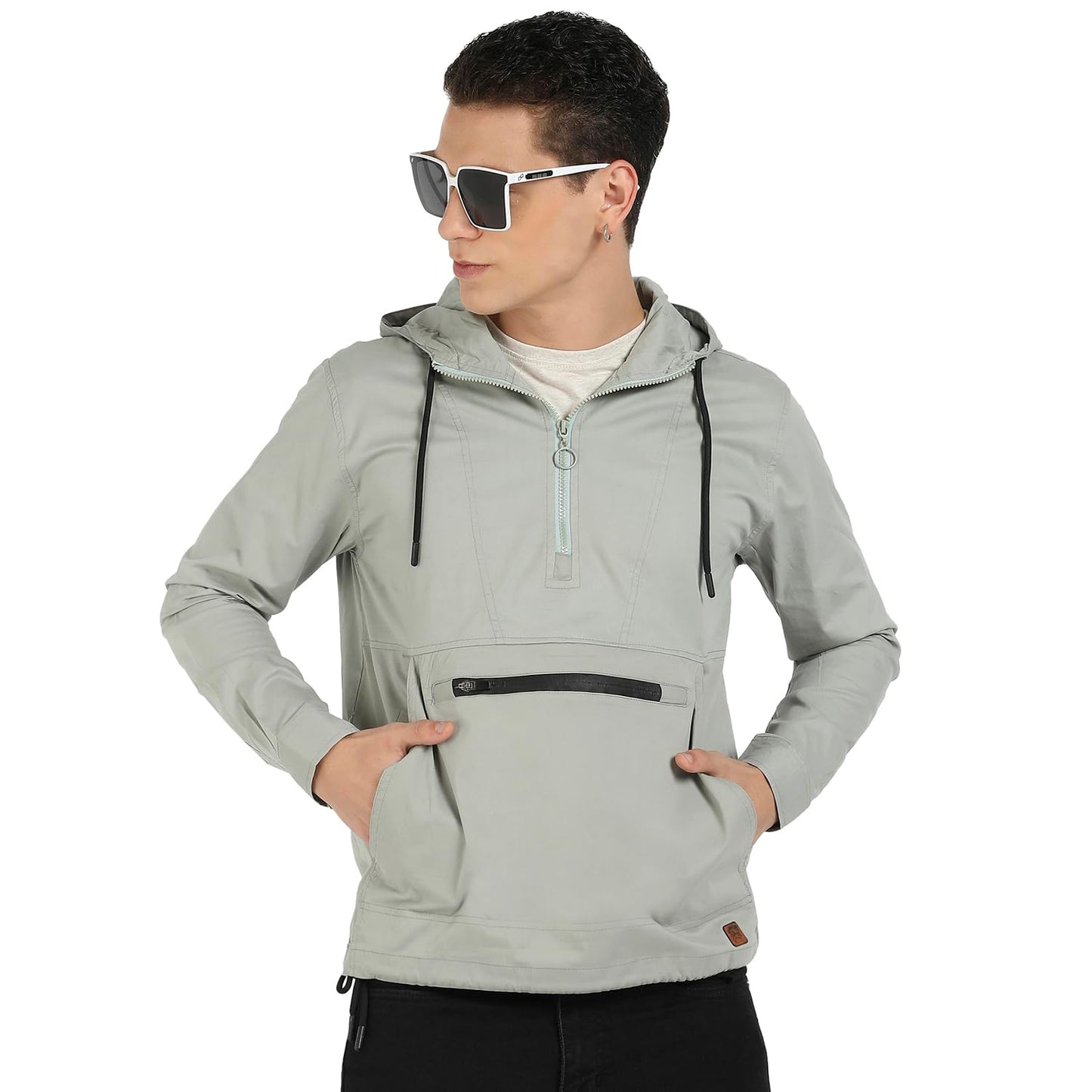 Campus Sutra Mens Sage Green Half-Zip Utility Jacket With Contrast Drawstring For Casual Wear | Hood Neck | Long Sleeve | Zippe