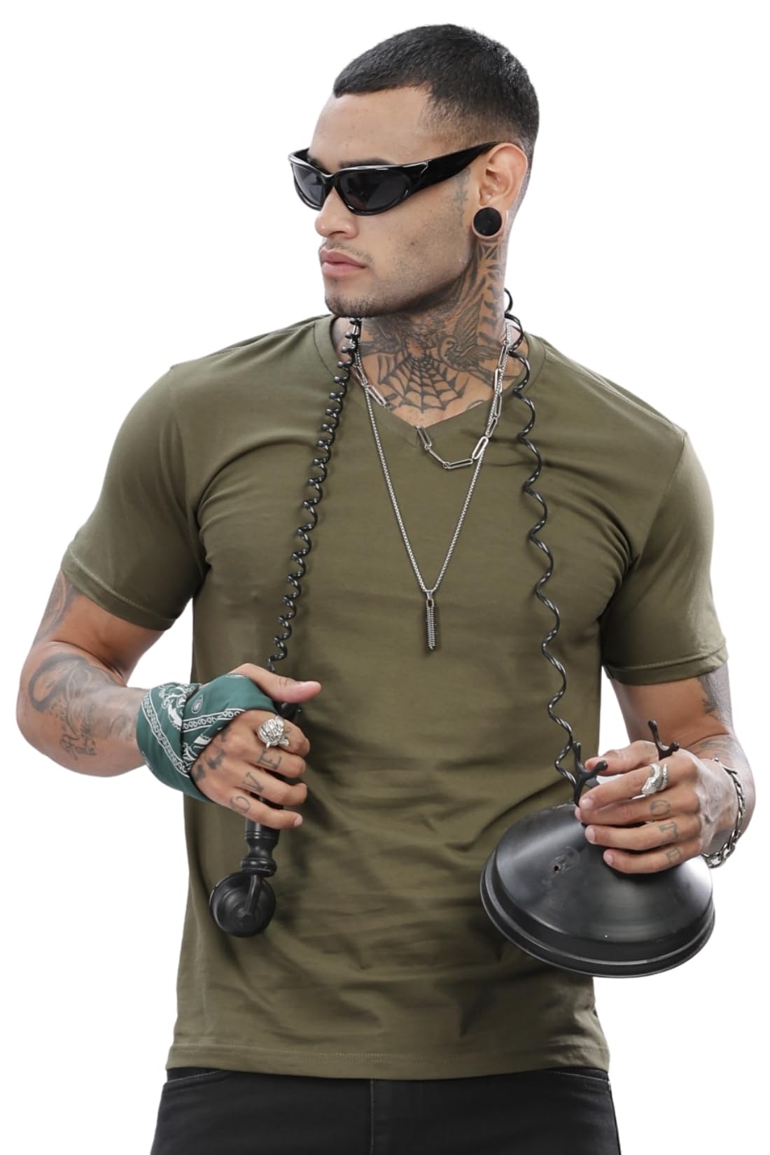 ADRO Men's V Neck Solid Cotton T-Shirt (VN-M-PLN-OL_Olive)