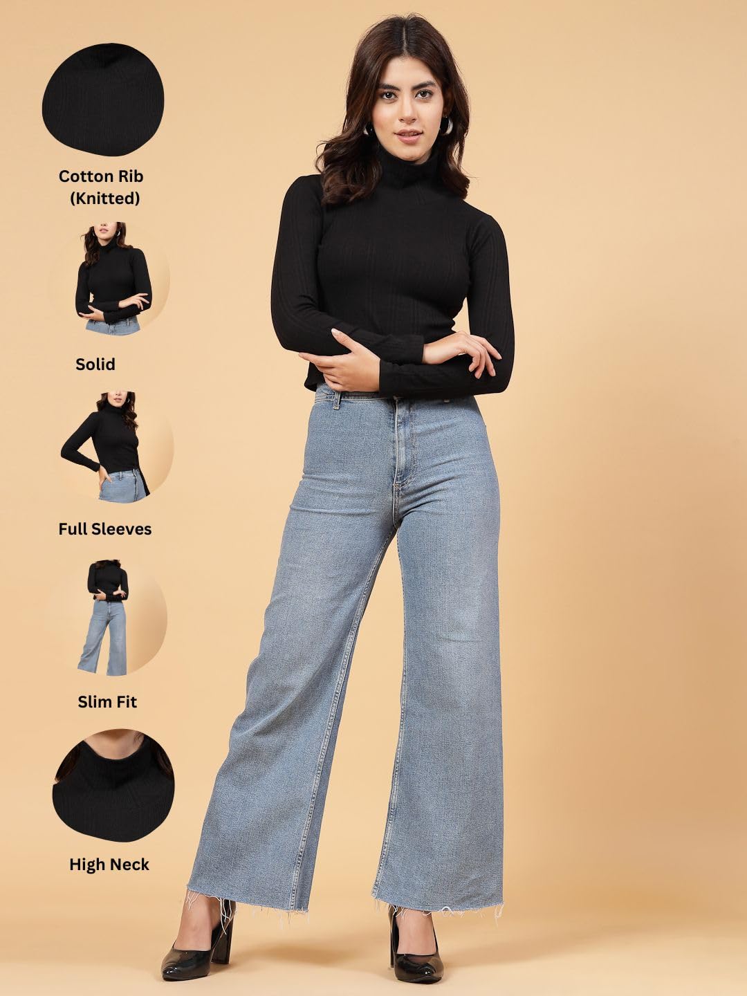 Rigo Cotton Ribbed Full Sleeves Top for Women | High Neck, Stylish Top for Women