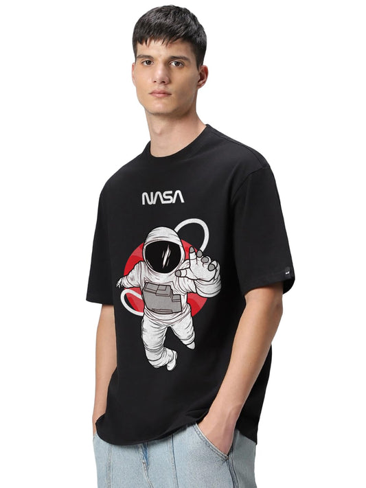 Bewakoof Mens NASA Graphic Printed 100% Cotton T-Shirt - Oversized Fit, Round Neck, Half Sleeves