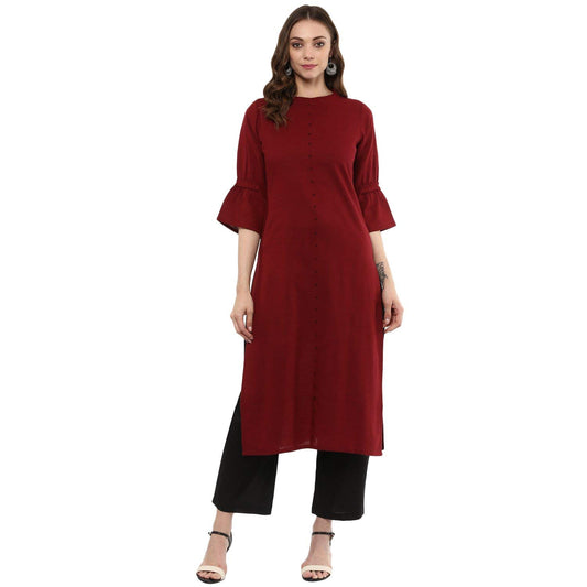 Idalia Maroon Straight 3/4 Sleeve Cotton Kurta For Women