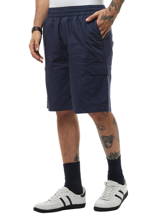 Bewakoof Mens Solid Oversized Fit Poplin Cargo Shorts_634300_Blue_XL