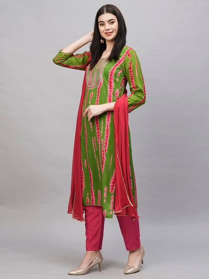 Gosriki WomenS Rayon Blend Straight Printed Kurta With Pant & Dupatta (Dollop Methi-Gs_M_Green_Medium)