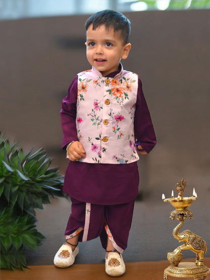 A.T.U.N. (All Things Uber Nice) Boys Wine Kurta Dhoti With Floral Printed Nehru Jacket (3 Piece Set)