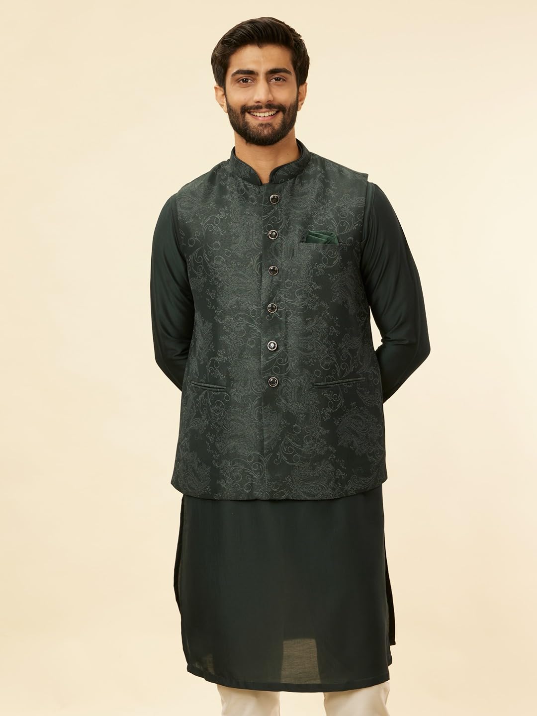 Manyavar Mens Green Blended Rayon Self Design Kurta Pyjama Jacket Set