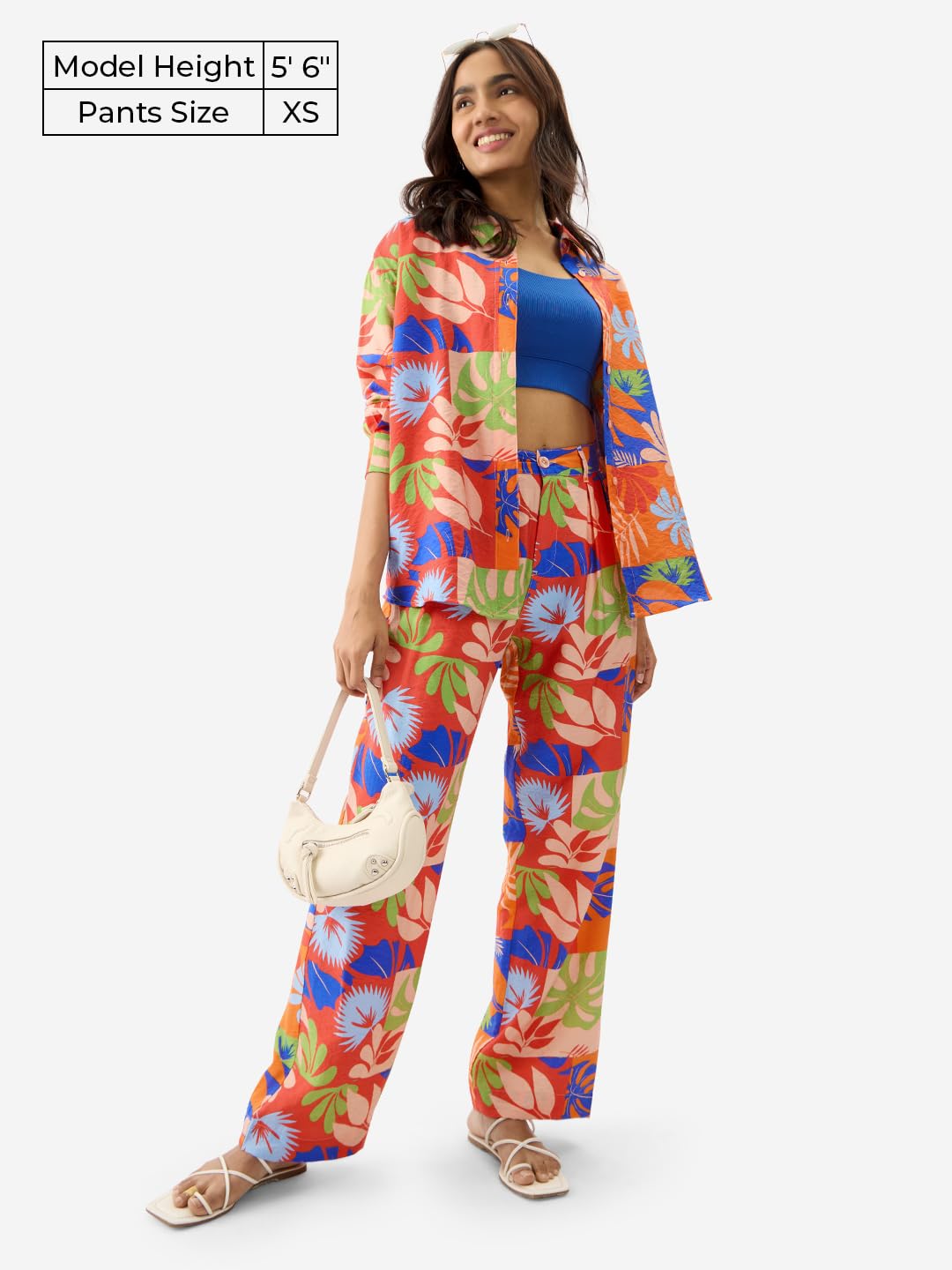The Souled Store Leafy Charm Women and Girls Multicolor All Over Printed Viscose Straight Fit Pants Loose Fit Wide Pants for Eve