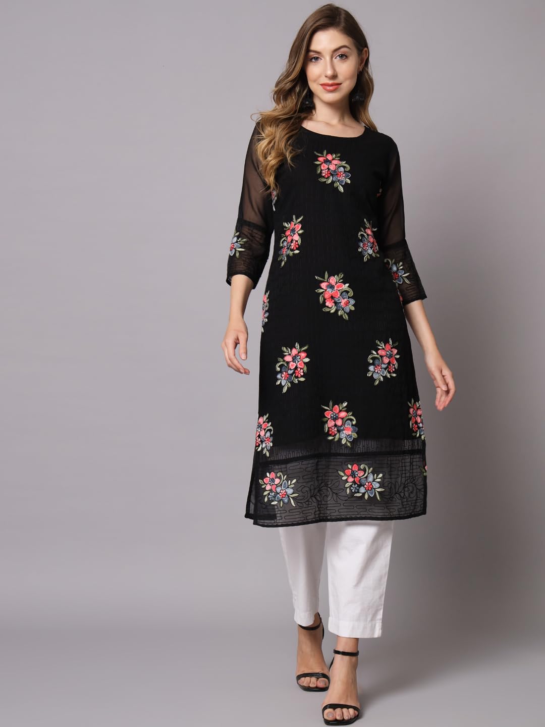 Ekasya WomenS Georgette Straight Cut Round Neck Kurta With Beautiful Floral Embroidery Work - Elegant Design, Comfortable Fit,