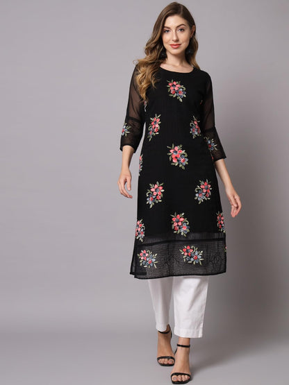 Ekasya WomenS Georgette Straight Cut Round Neck Kurta With Beautiful Floral Embroidery Work - Elegant Design, Comfortable Fit,