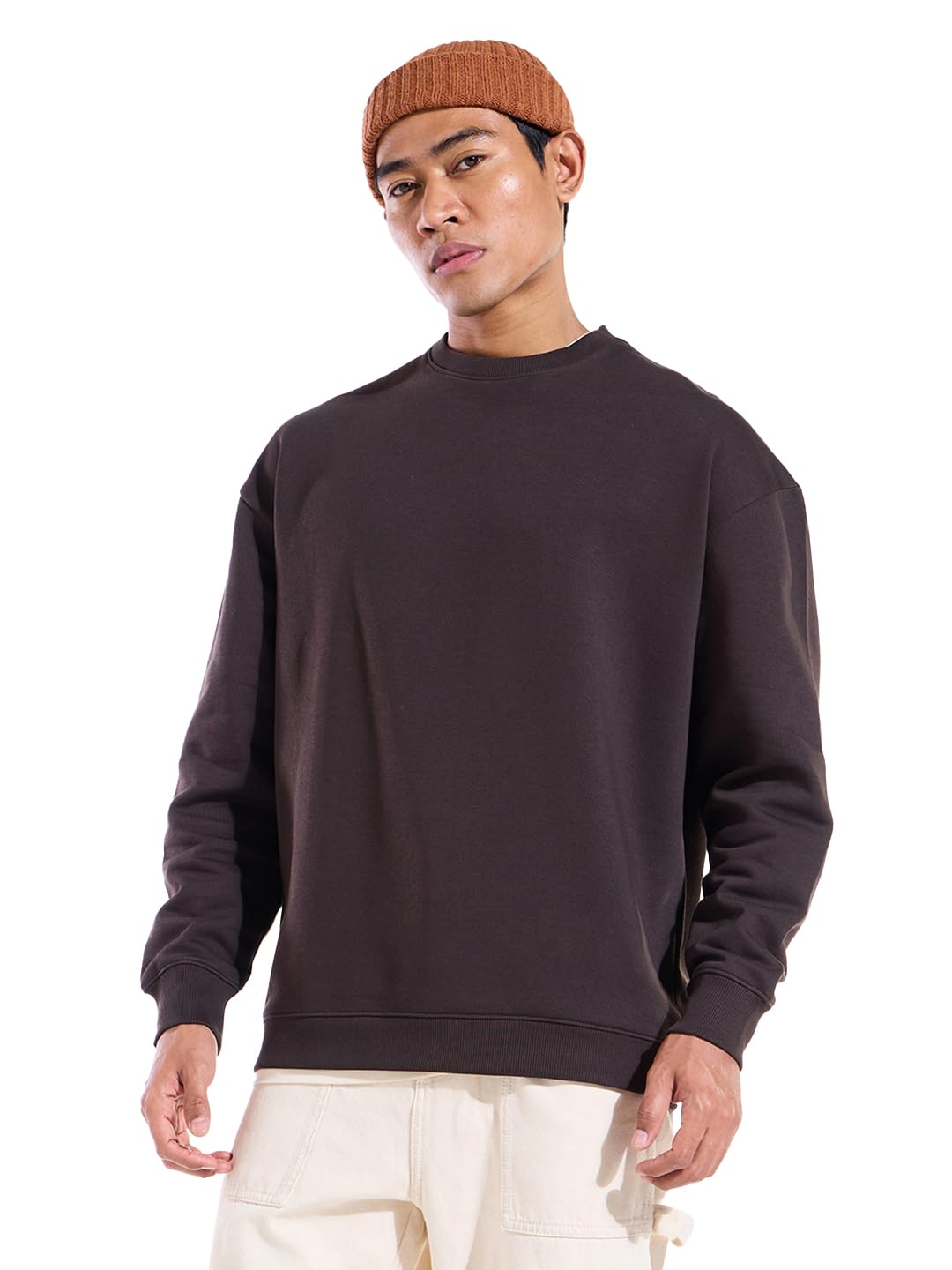 Bewakoof Heavy Duty 1.0 Men Solid Oversized Fit Full Sleeve Round Neck Fleece Blend Sweatshirt_644604_Brown_XL