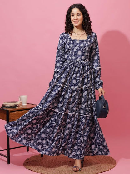 Sheetal Associates WomenS Navy Blue Floral Printed Tiered Fit & Flare Maxi Dress| Comfortable Relaxed Fit Summer Dress