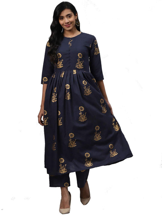 Gosriki WomenS Navy Blue & Golden Floral Printed Kurta With Palazzos