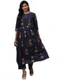 Gosriki WomenS Navy Blue & Golden Floral Printed Kurta With Palazzos