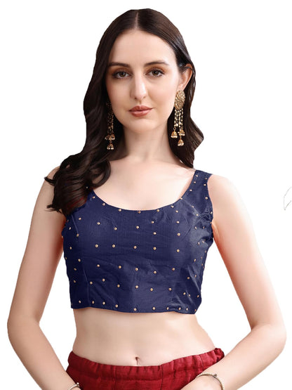 Pujia Mills Womens Square Neck Silk Sleeveless with Stone Work Readymade Blouse