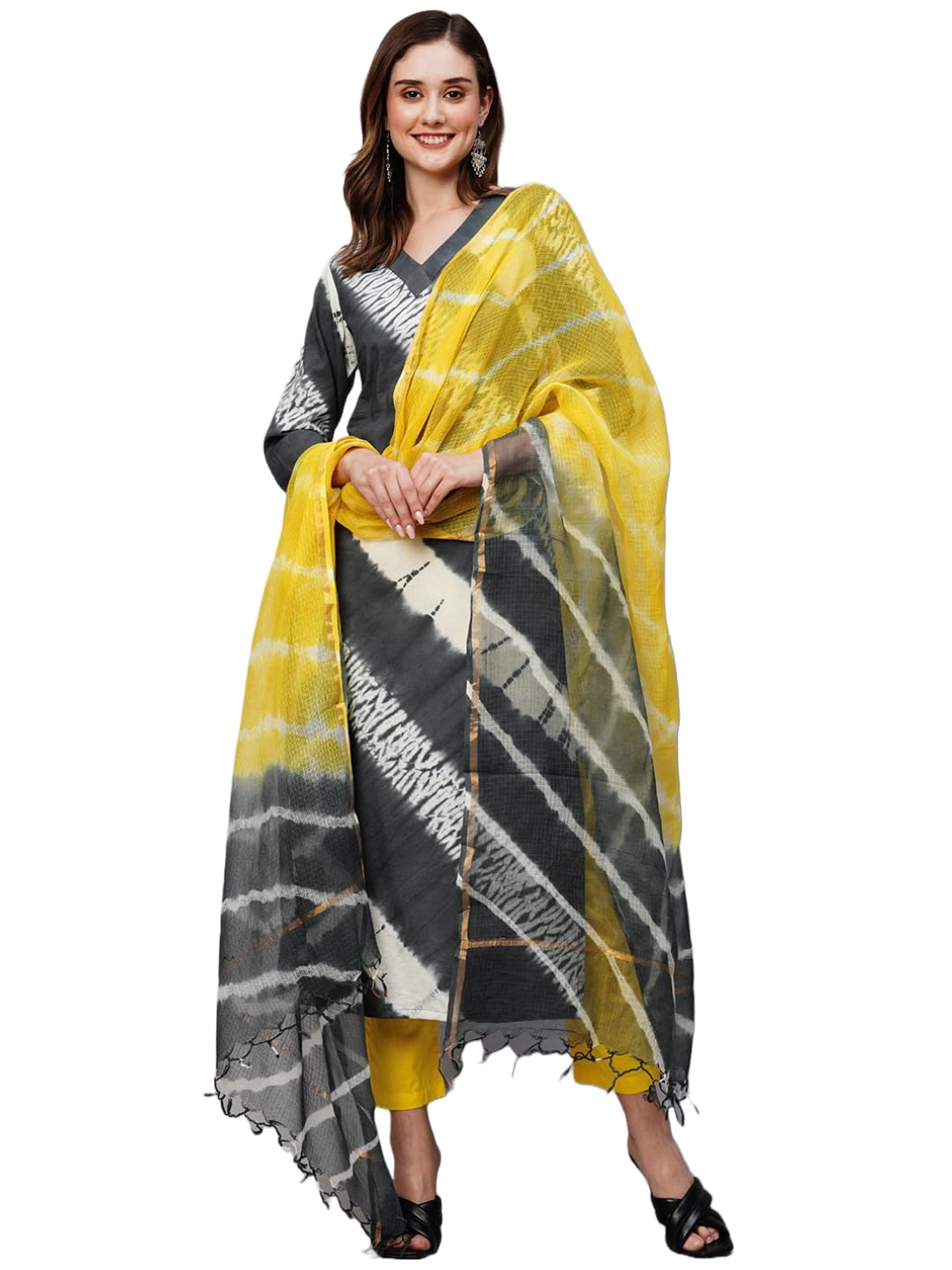 ANNI DESIGNER Womens Cotton Blend Staright Printed Kurta with Pant & Dupatta (Bali Grey_S_Grey_Small)