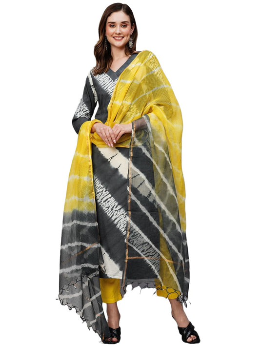 ANNI DESIGNER Womens Cotton Blend Staright Printed Kurta with Pant & Dupatta (Bali Grey_S_Grey_Small)