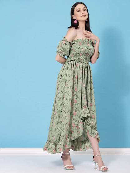 Oomph! Flared Dress For Women Stylish | Long One Piece For Women | Off Shoulder Puff Sleeve Long Dress | Floral Print Maxi One P